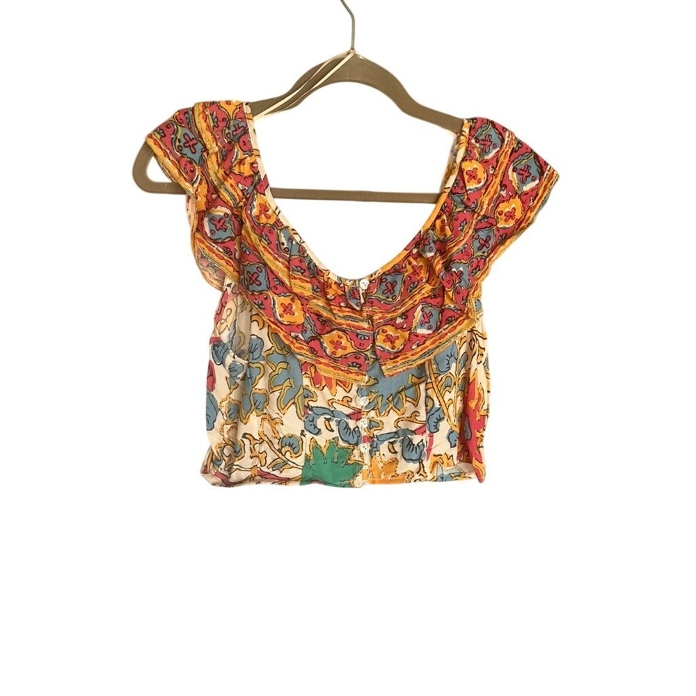 Rachel Zoe Women Large Multi Color Paisley Floral Ruffle Crop Top Button Front‎
